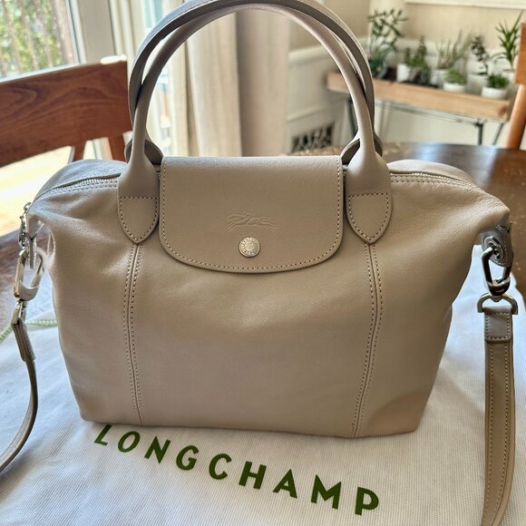 Longchamp Le Pliage Cuir Leather Taupe Bag EUC - Picture 1 of 11